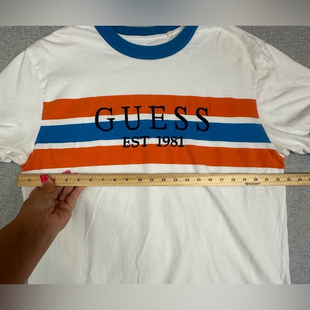 Guess‎ Ringer T Shirt Mens Large Logo Retro 90s Y2K Blue Orange - Picture 4 of 7